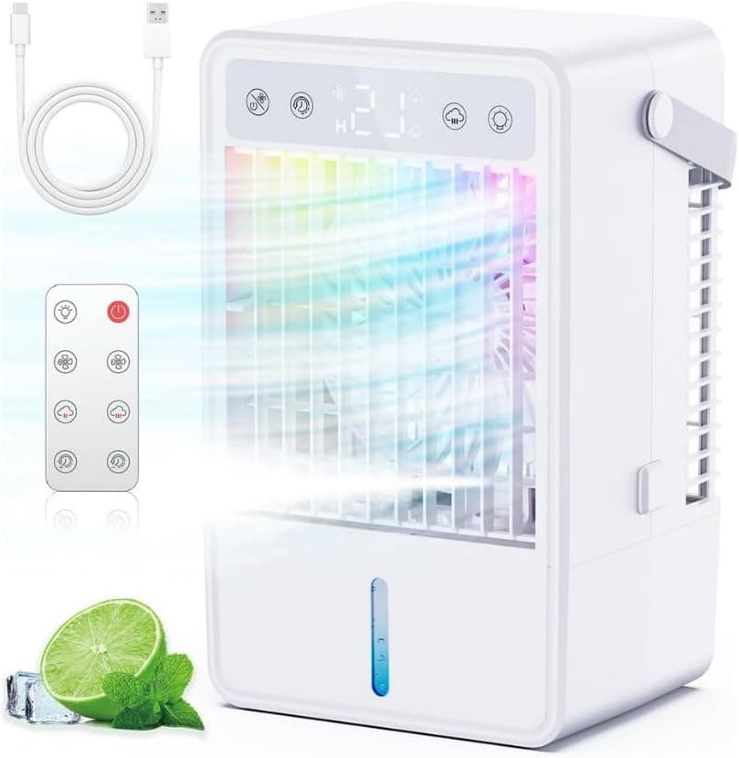 Climatiseur Mobile avec Réservoir 1500ML, Mini Refroidisseur d'Air avec Télécommande, 5 Débits d'Air + 2 Niveaux de Brume, Minuterie 2-10H, 7 Lumières & Arrêt Sécurité 24H, pour Chambre ou Bureau