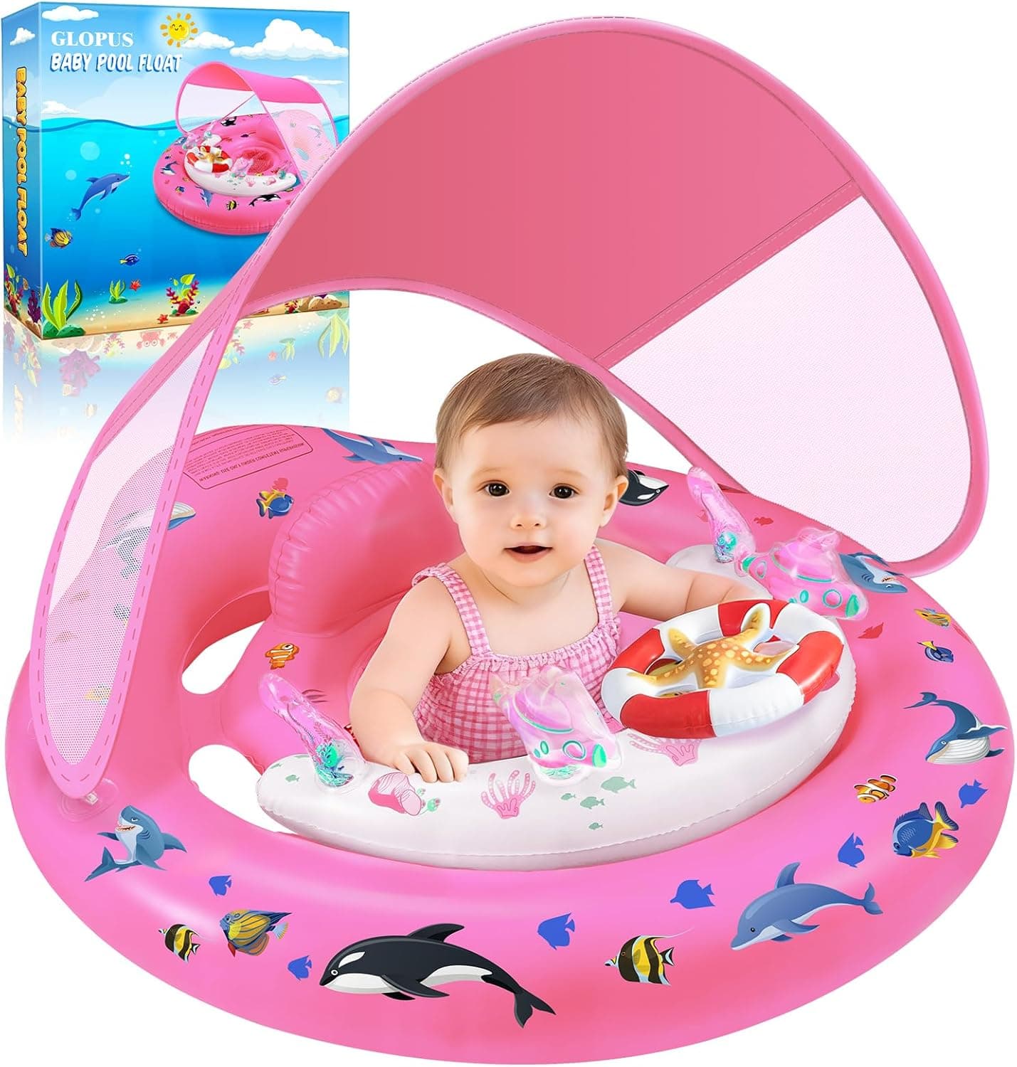 GLOPUS Bouée Bébé Piscine avec Pare-Soleil UPF 50+, Anti-Retournement, 6-36 Mois